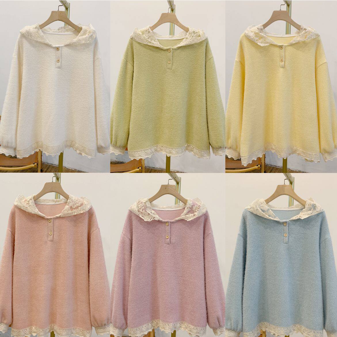 C5441蕾丝拼接连帽毛绒针织衫