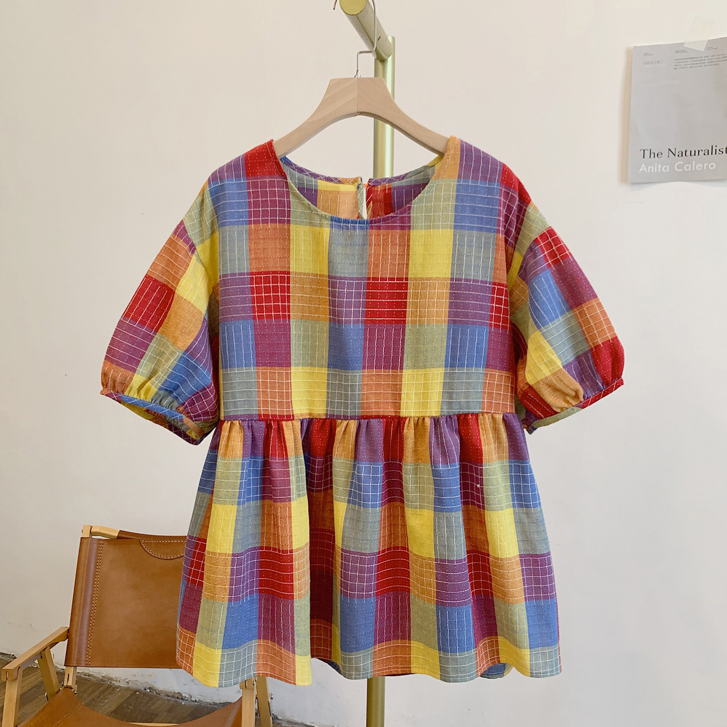 彩虹糖Y2812格纹飘带圆领短袖衬衫