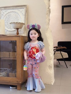 2026夏季美人鱼袖蝴蝶结泡泡短袖儿童公主可爱喇叭修身长裤子套装