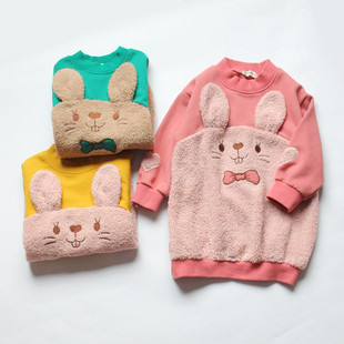 清仓 秋冬女童中长款卫衣儿童宝宝毛绒卡通兔拼接可爱套头外套裙