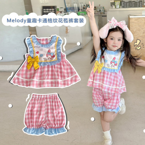 2025女童夏季新款木耳边格纹娃娃衫花苞短裤洋气儿童卡通棉布套装