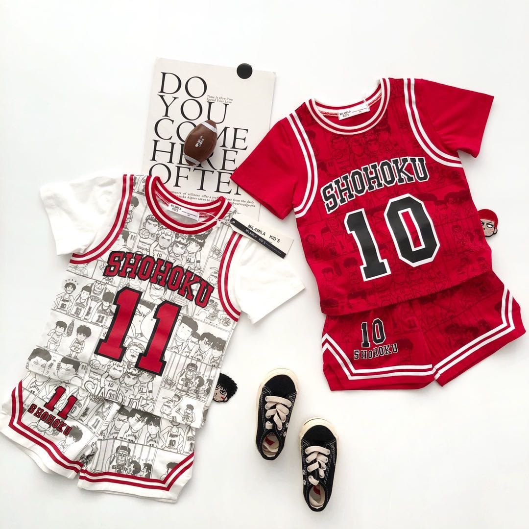 夏季新品男女童篮球套装假两件纯棉T恤短袖运动短裤灌篮高手2件套
