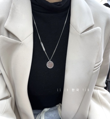 s925纯银项链女双面1314字母圆牌