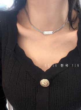 s925纯银方牌项链女卫衣坦克链