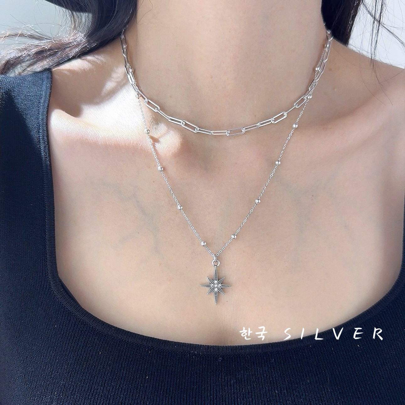 S925纯银芒星双层项链叠戴套链法式轻奢高级感气质锁骨链新款百搭
