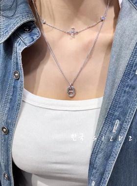 韩国通体s925纯银项链女实心猪鼻子吊坠锁骨链简约百搭毛衣链新款