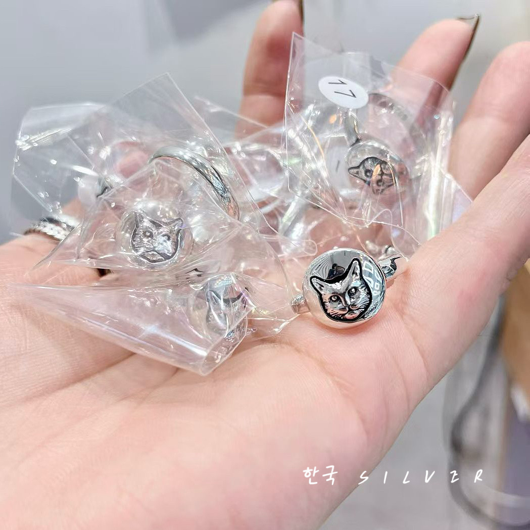 韩单s925纯银复古猫咪头戒指小众设计感个性食指环欧货潮牌闭口戒