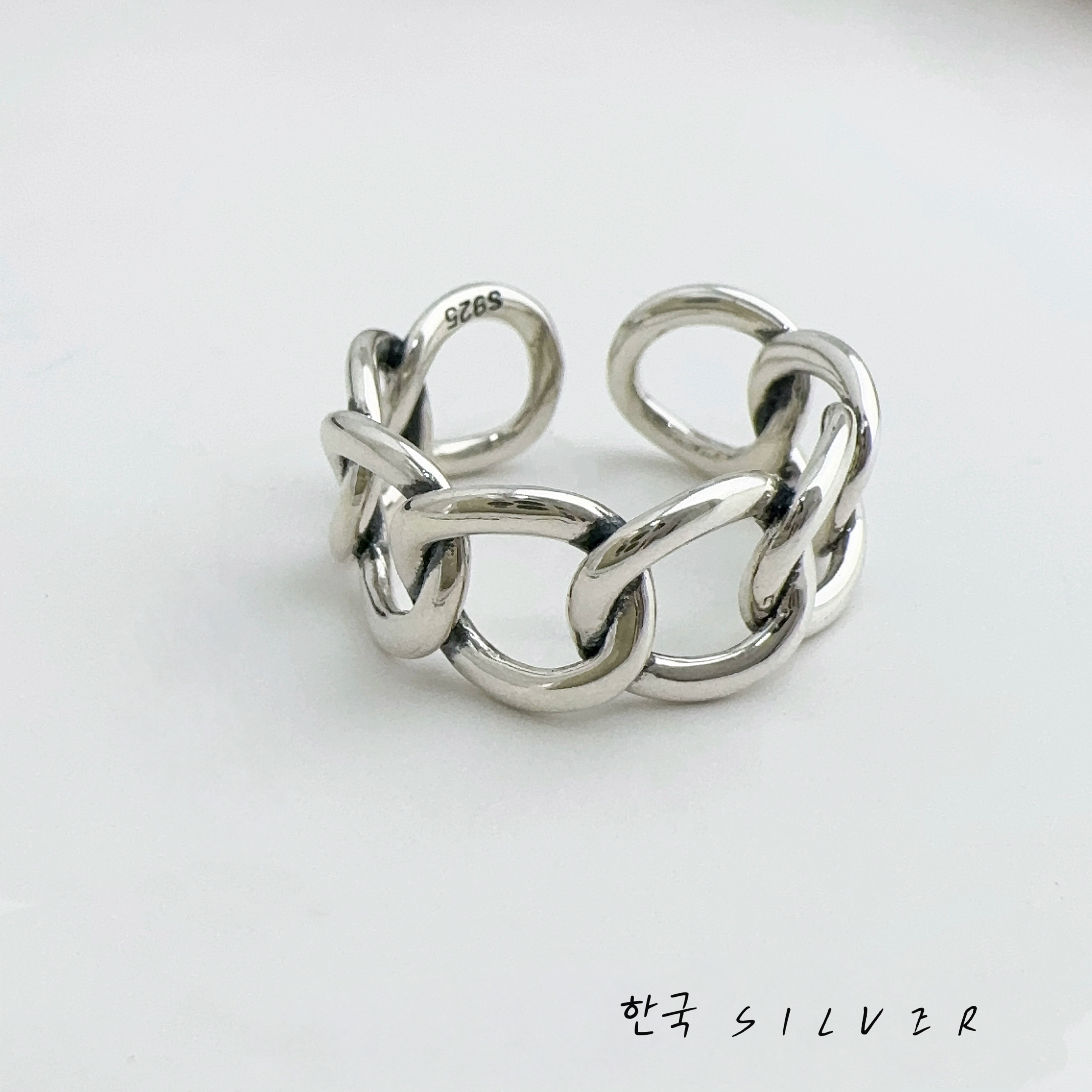 韩代S925纯银宽版链条戒指女高级感简约开口食指戒百搭复古时尚潮