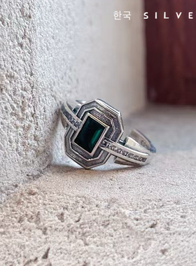 韩代s925纯银绿色锆石戒指ins小众设计复古轻奢绿宝石食指环时尚