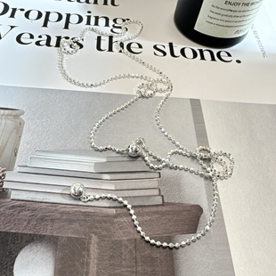 S925纯银抽拉可调节项链切面豆豆链圆珠素链百搭长款毛衣链高级感