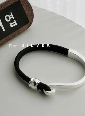 韩国原单s925纯银银黑皮绳手环ins高级感冷淡风女拼接不对称手镯