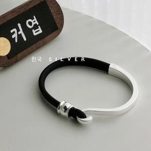 韩国原单s925纯银银黑皮绳手环ins高级感冷淡风女拼接不对称手镯