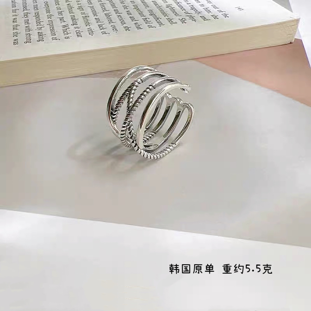 韩国原单s925纯银戒指ins复古交叉麻花多层线条个性宽版女食指戒