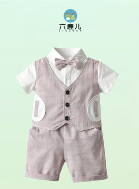 特价男童纯棉夏季西装宝宝生日礼服儿童领结假两件花童礼服