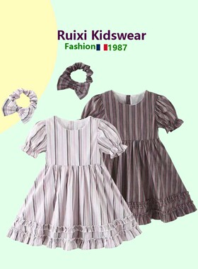 法式优雅风宝宝条纹发带连衣裙女童夏季连衣裙纯棉小童裙子公主裙