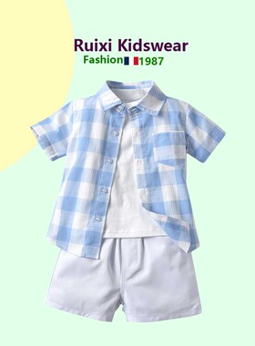 男童夏装套装港风2岁儿童格子衬衫T恤短裤件套小男生休闲百搭童装