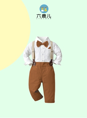 男童套装春季宝宝衣服小童纯棉衬衫领结背带裤秋季男孩两件春装潮