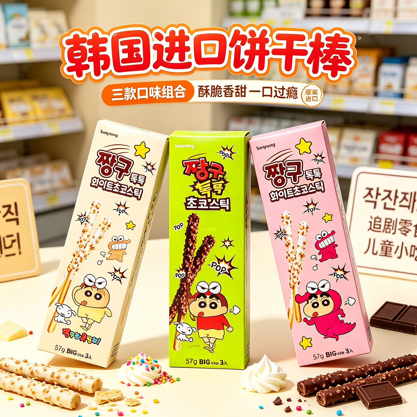 韩国进口sunyoung蜡笔小新联名跳跳糖巧克力饼干棒儿童休闲小零食