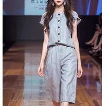 轻奢感时尚小香风洋气减龄时尚炸街灰色棉麻亚麻衬衫套装裤夏