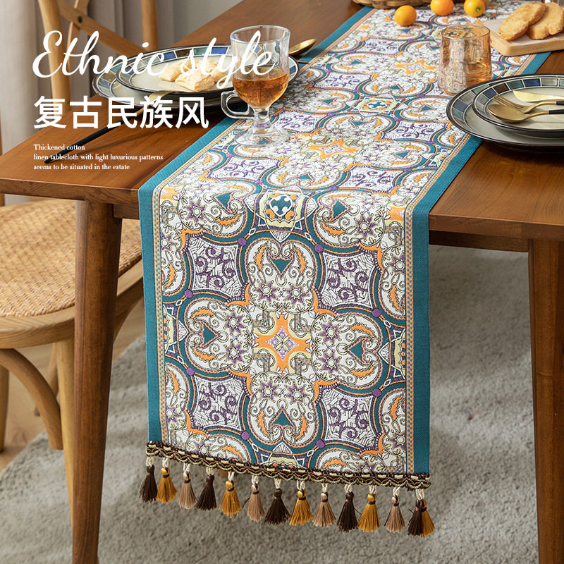 轻奢风餐边柜装饰长条布酒店民宿用流苏床旗餐桌提花桌旗一件