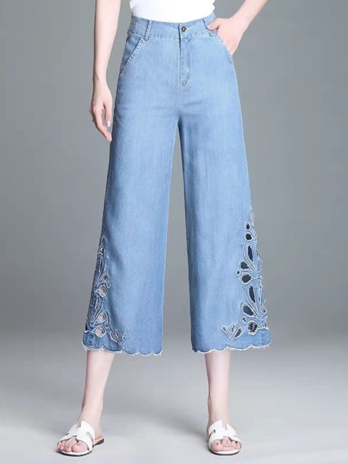 IN SUMMER LIGHT AND THIN SLIGHTLY FLARED CROPPED WIDE-LEG PANTS WOMENS TENCEL DENIM HIGH-WAISTED DRAPED ICE SILK ULTRA-THIN CROPPED JEANS