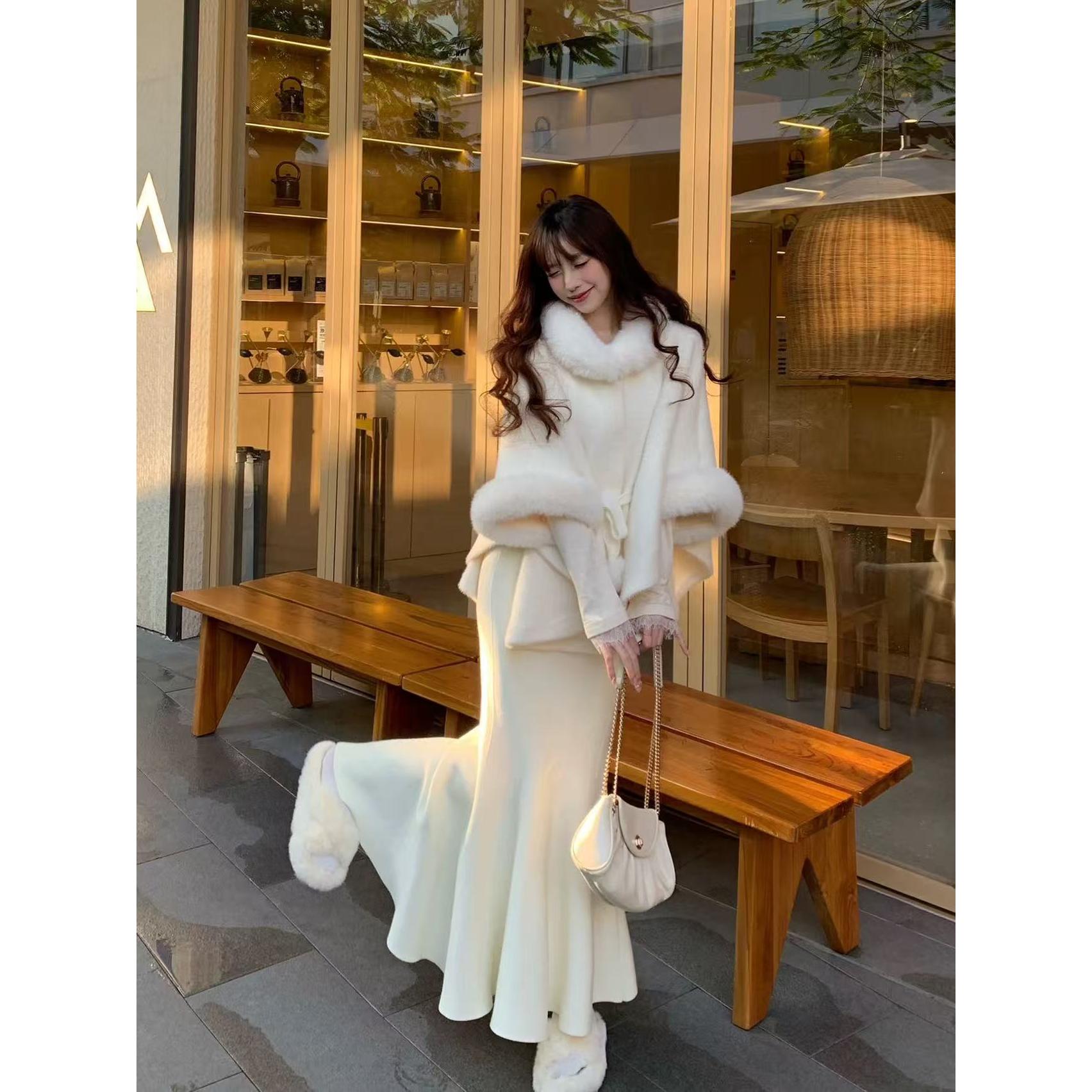 新中式汝韵百搭温柔仙女加厚斗篷披肩配旗袍冬保暖毛绒领外搭