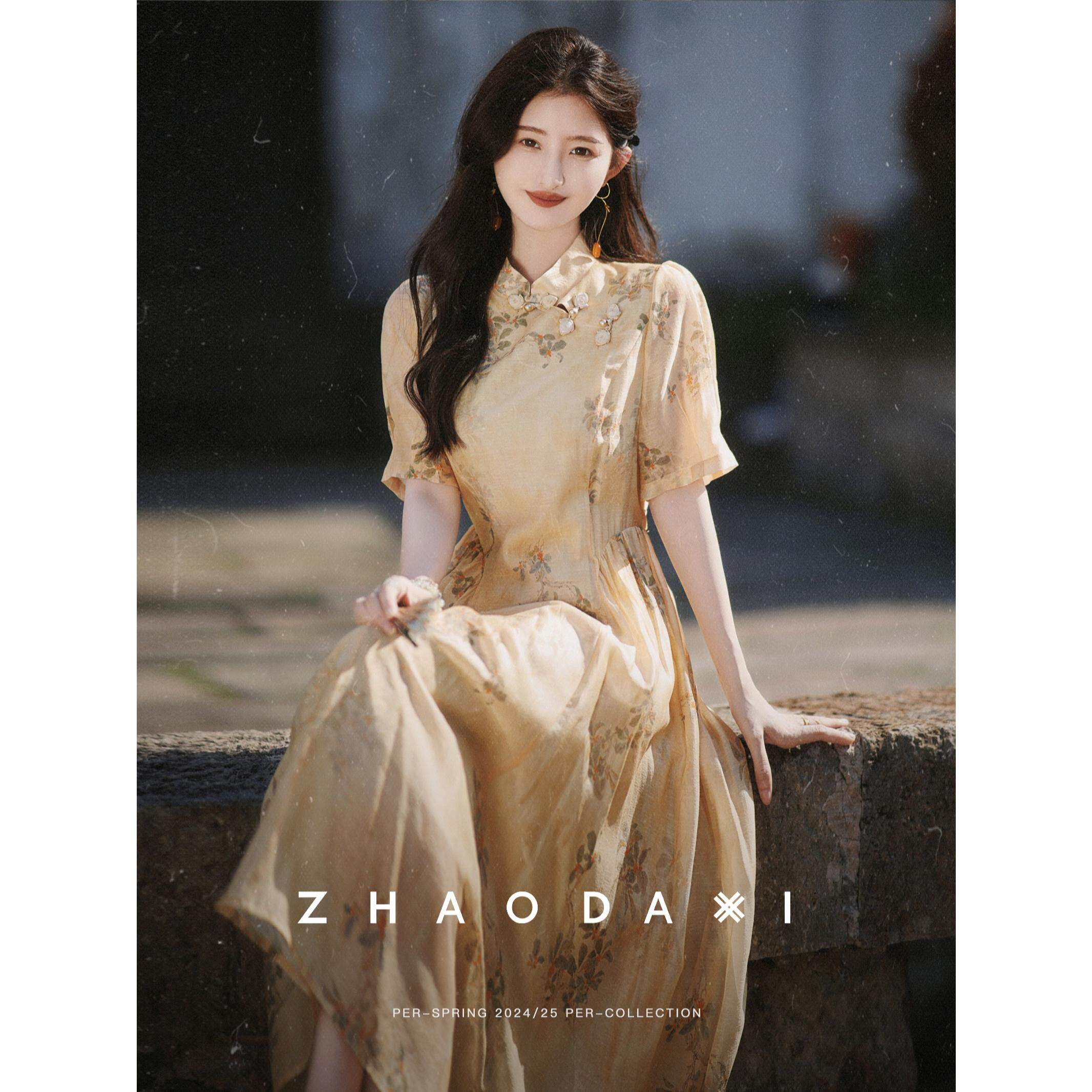 油画美女系列—新中式旗袍亜麻天丝淡雅国风