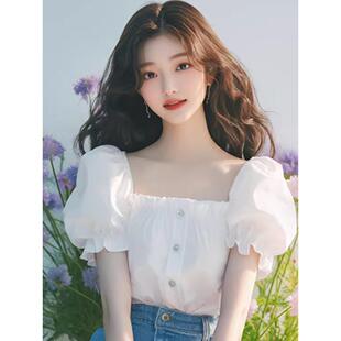 法式气质上衣别致漂亮小衫甜美白色方领泡泡袖衬衫2025新款女夏季