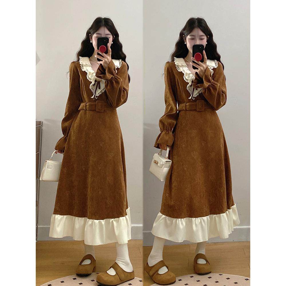 大码女装复古雪尼尔拼接长裙2025秋冬新款设计感连衣裙