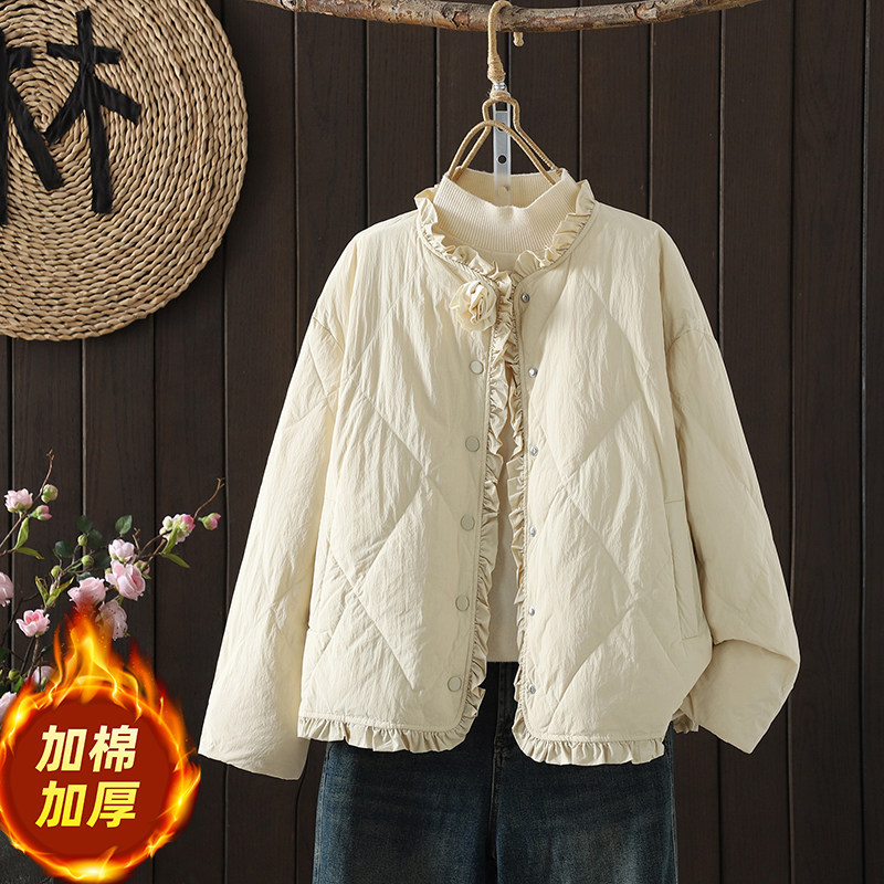 立体化花朵木耳边轻薄款羽绒棉服女冬季复古宽松短款棉服外套