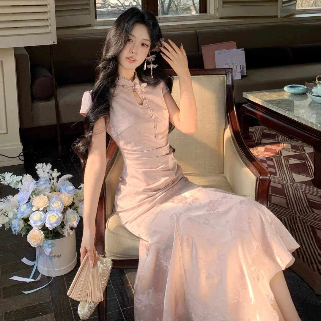 步步生莲 温柔感立领提花修身轻国风旗袍连衣裙