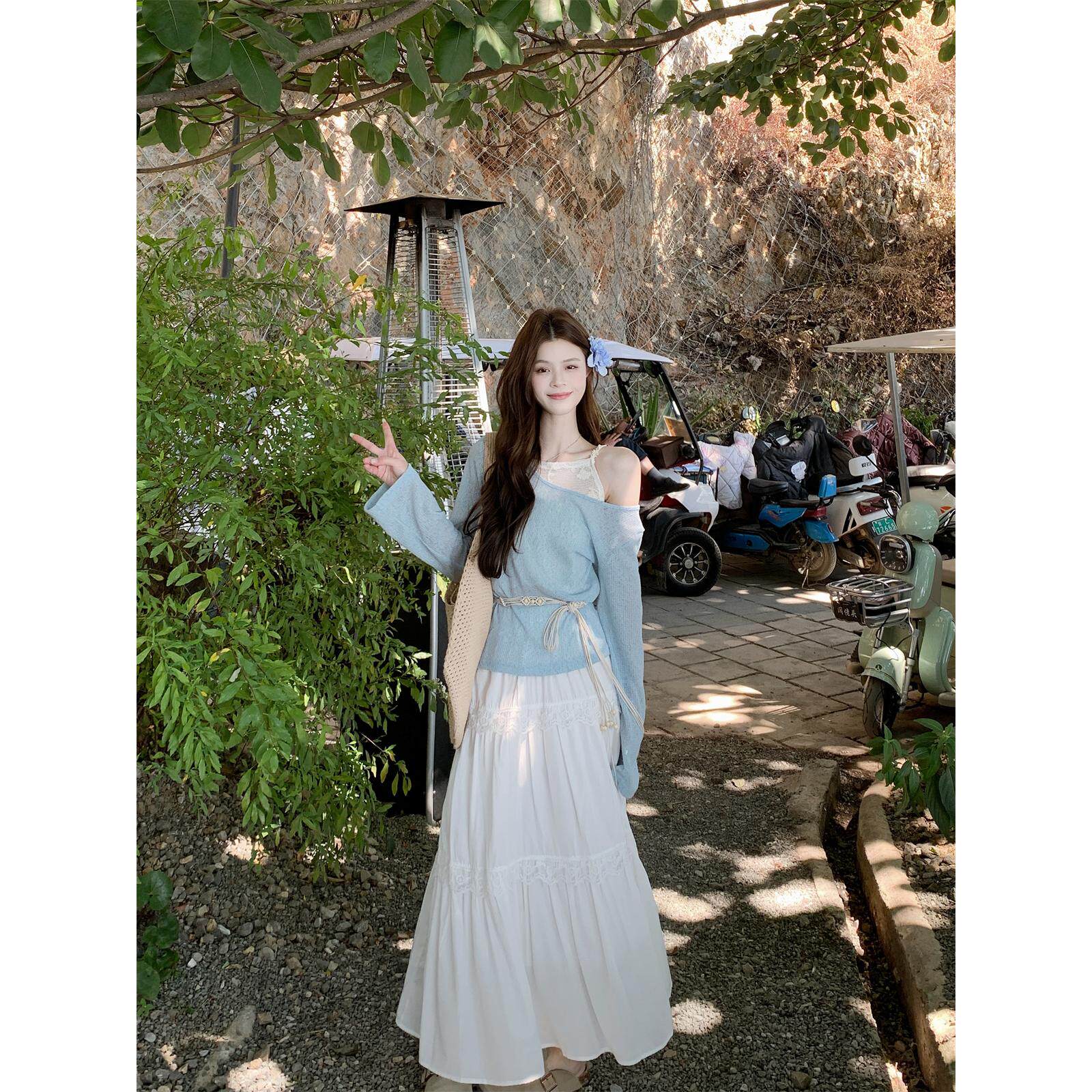 实拍 温柔甜妹风长袖圆领假两件T恤上衣+蕾丝花边蛋糕半身裙