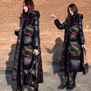 过膝宽松加厚棉袄外套 新款 毛毛长款 羽绒棉衣黑色棉服2024亮面韩版
