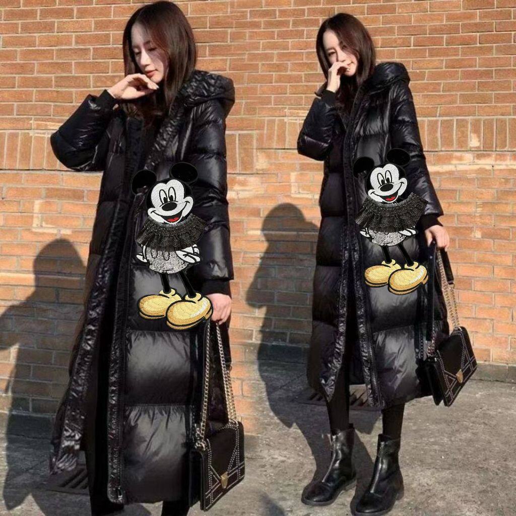 可爱卡通羽绒棉服女过膝长款2024年冬新款显瘦中长款白鸭绒