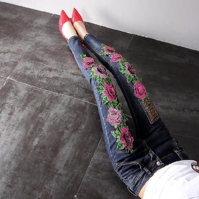 花花牛仔裤新款潮刺绣牡丹花牛仔裤高腰修身显瘦百搭小脚裤子