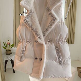 羽绒棉加厚马夹外套女2024年秋冬新款 重工镶钻收腰显瘦面包服马甲