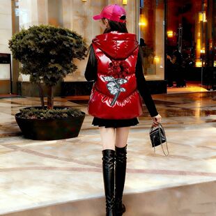 秋冬女外连帽洋气大码亮面免洗羽绒棉马甲女亮面玫瑰羽绒马棉甲