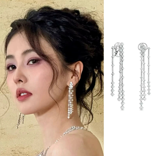 白鹿同款 耳环修饰脸型银针耳饰礼服女 高级感ins气质钻链流苏长款