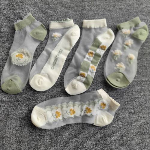 夏季薄款女士水晶丝袜子超薄透气短袜小清新花低腰袜子25元包邮