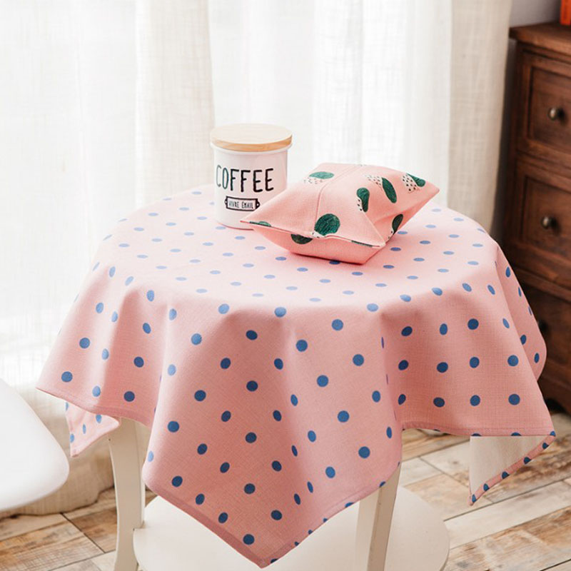 小圆桌桌布布艺棉麻田园波点粉蓝