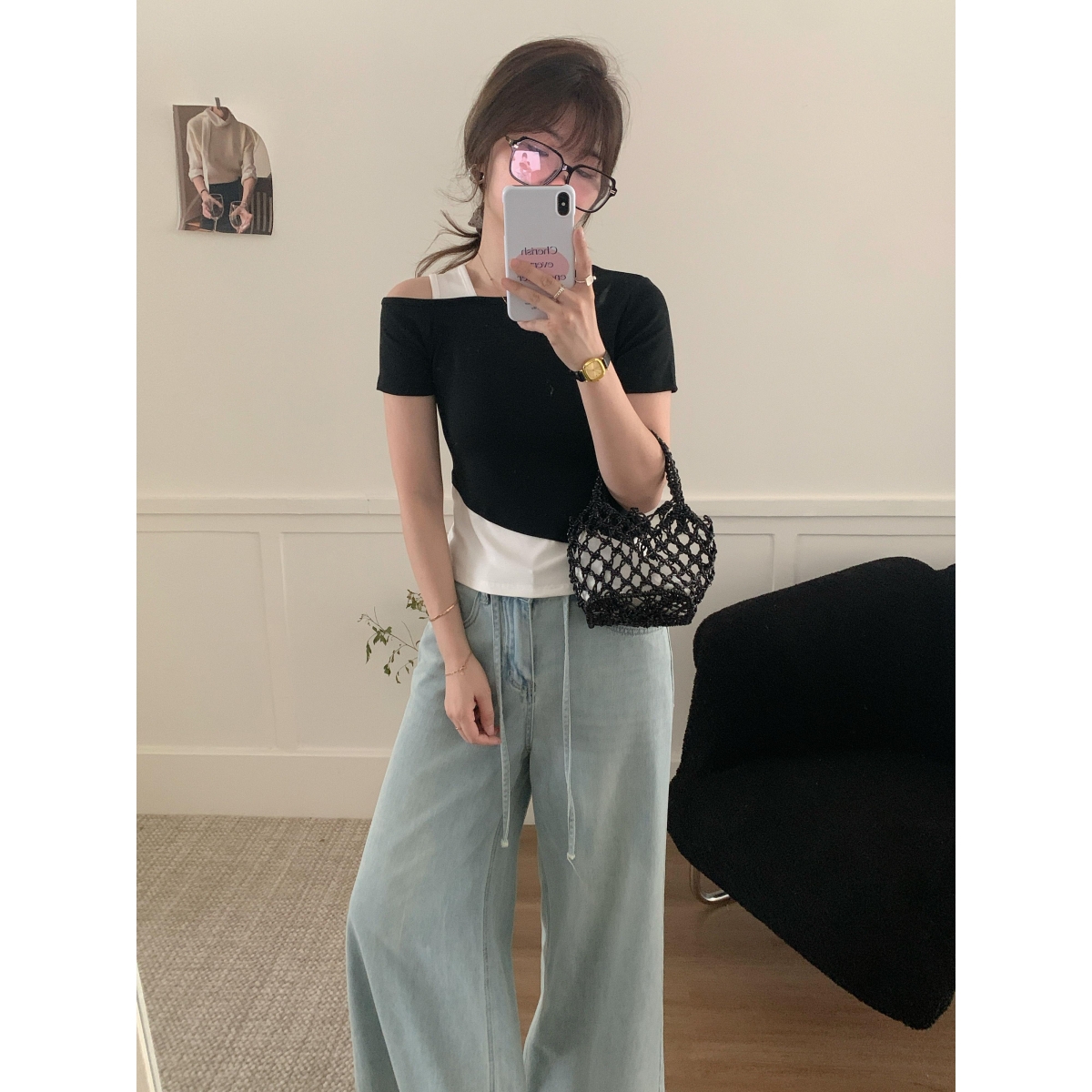 【人棉260克】假两件斜肩短袖恤女夏装百搭修身露肩辣妹上衣