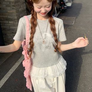 圆领上衣 实拍11螺纹210克短袖 t恤女夏2025新款 拼接网纱短款 修身