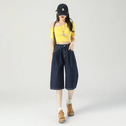 六分深蓝高腰牛仔短裤女夏季2025新款宽松薄款七分五分小个子中裤