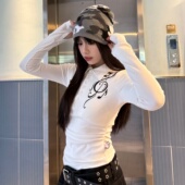 梁拌泡菜美式 休闲百搭上衣 翻领打底衫 音符秘密印花长袖 T恤女修身