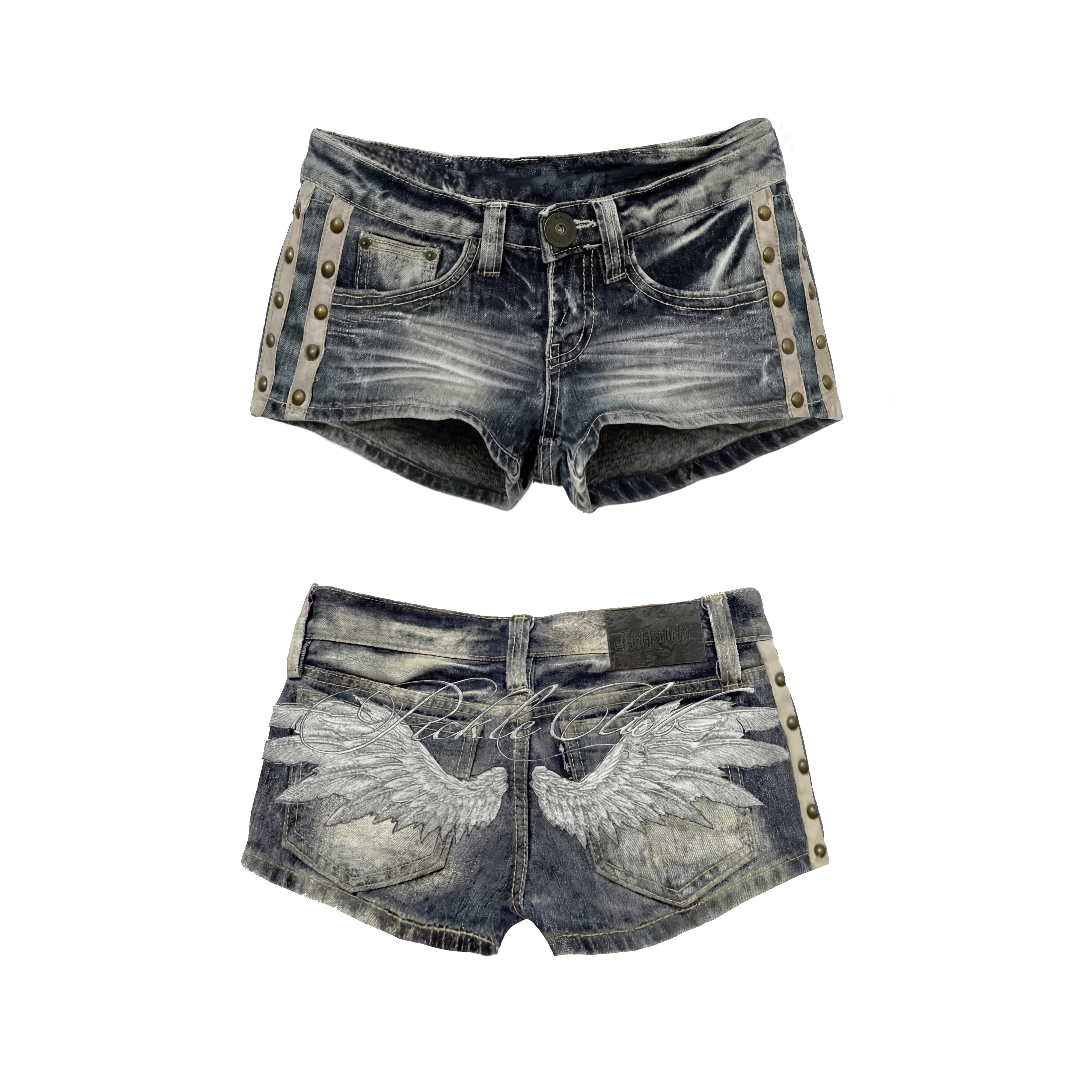 梁拌泡菜#天使翅膀刺绣铆钉牛仔短裤亚文化辣妹做旧低腰热裤