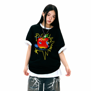 梁拌泡菜美式复古短袖男女卡通幽灵禁果印花宽松T恤夏季休闲上衣