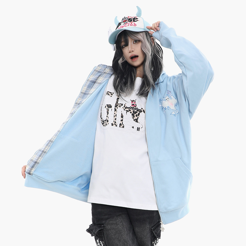 梁拌泡菜幽灵烛光毛绒绣花贴布拼接格子保暖卫衣男女同款早秋外套