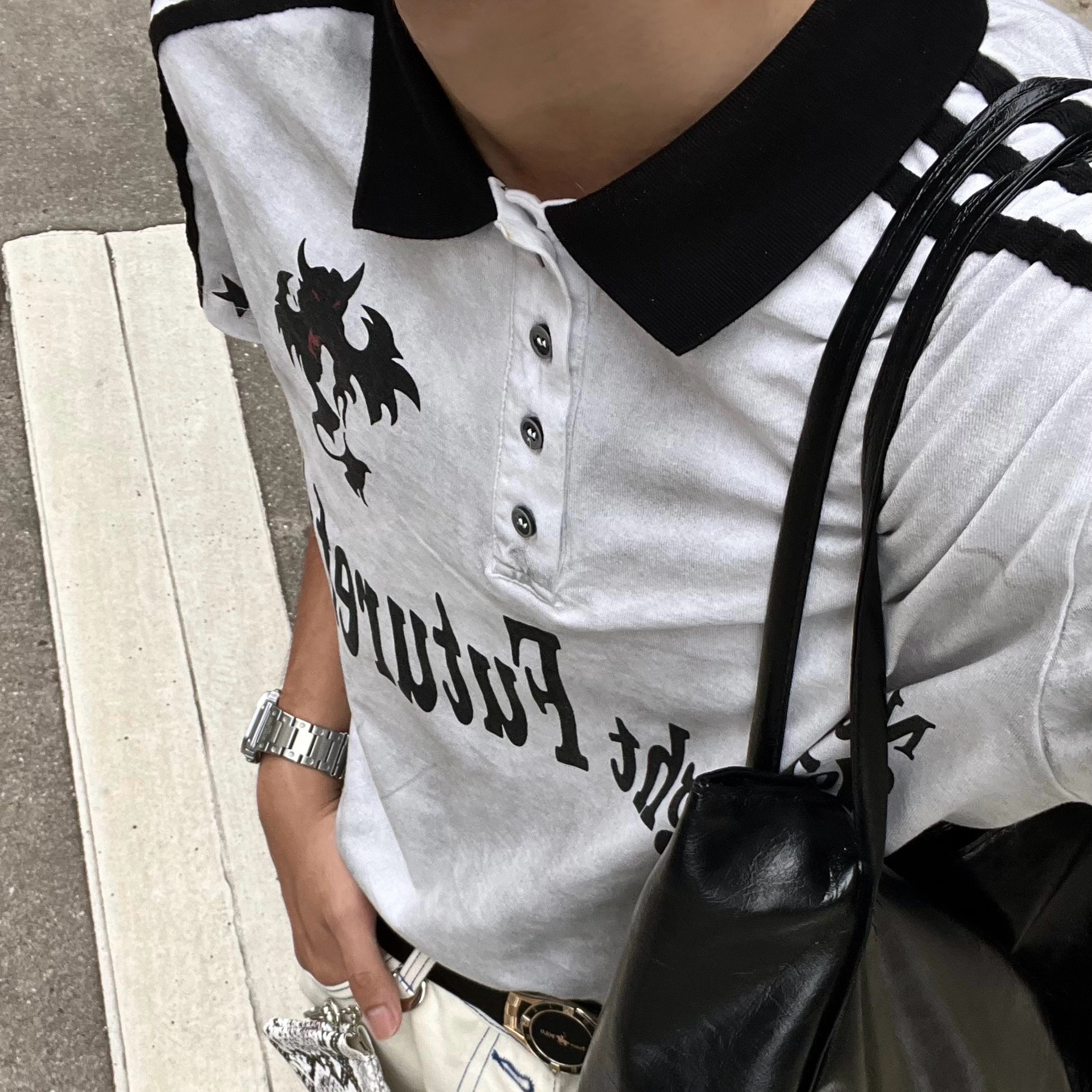 梁拌泡菜#末日废土POLO衫男女款亚文化撞色做旧翻领印花短袖上衣