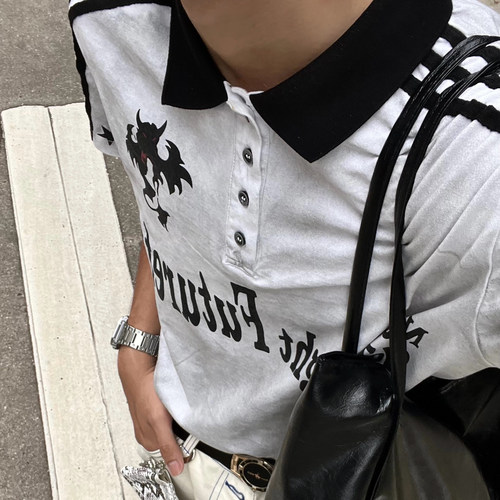 梁拌泡菜#末日废土POLO衫男女款亚文化撞色做旧翻领印花短袖上衣