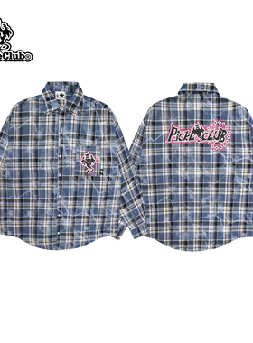 梁拌泡菜PC 闪电幽灵光感变色刺绣印花格子长袖衬衫嘻哈宽松国潮